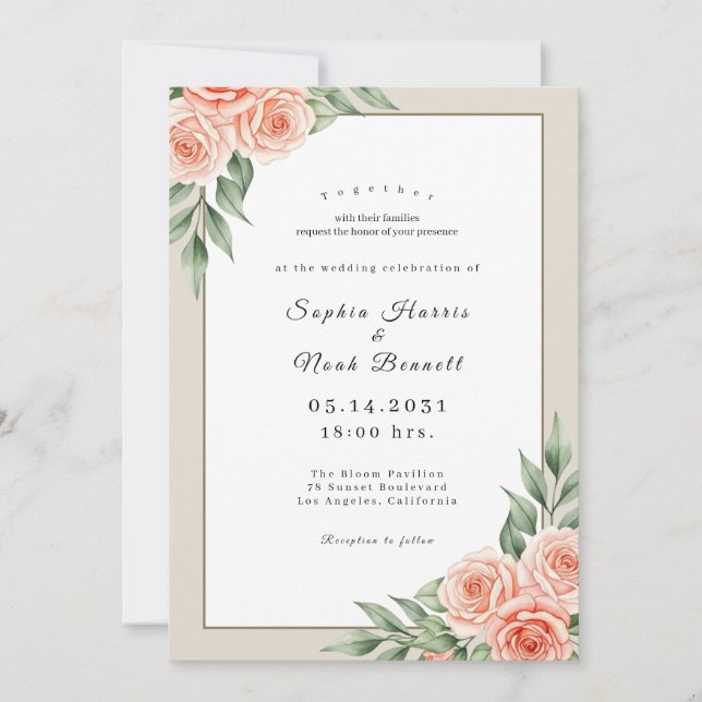 Invitación de Boda Floral con Marco de Oro Minimal (Anverso)