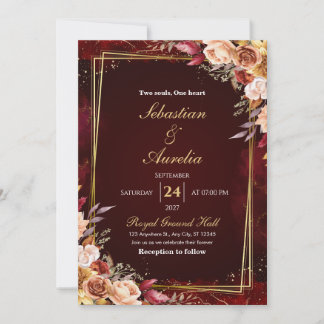 Invitación de boda floral con marco de rojo borgoñ