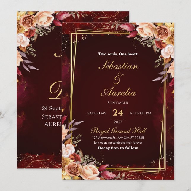 Invitación de boda floral con marco de rojo borgoñ (Anverso / Reverso)