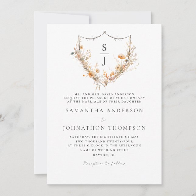 Invitación de boda floral con monograma crest (Anverso)