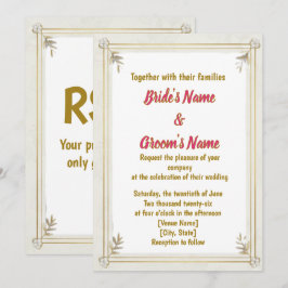 Invitación de boda floral con perlas y marco de or