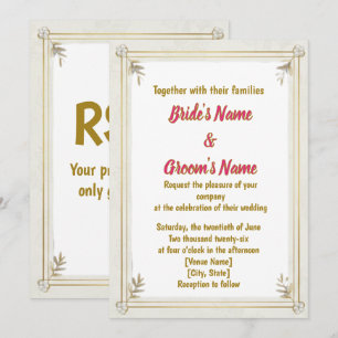 Invitación de boda floral con perlas y marco de or