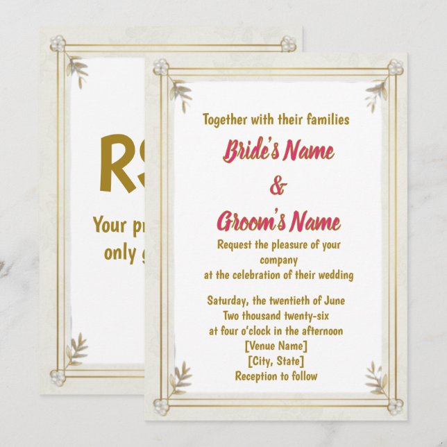 Invitación de boda floral con perlas y marco de or (Anverso / Reverso)