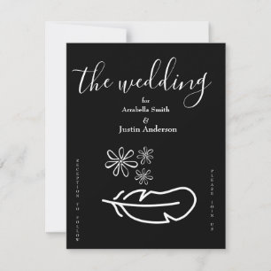 Invitación de boda floral con plumas en negro y bl