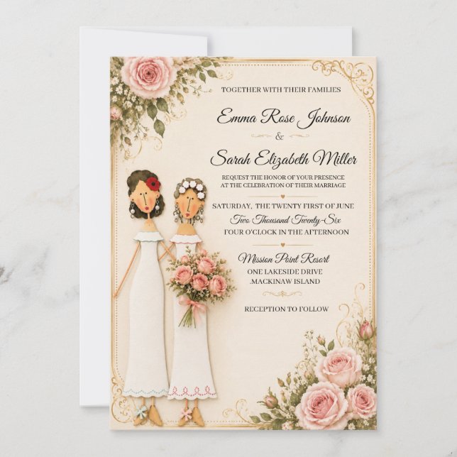 Invitación de boda floral con ramo de rosas para d (Anverso)