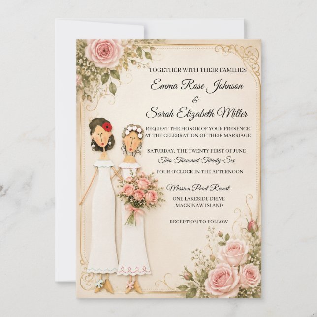 Invitación de boda floral con ramo de rosas para d (Anverso)