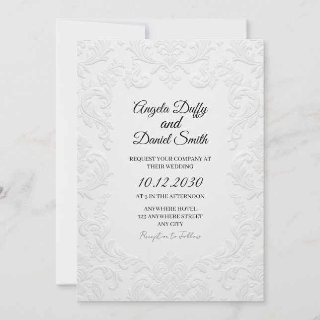Invitación de boda floral con relieve blanco (Anverso)