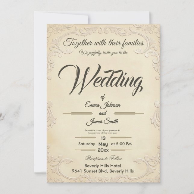 Invitación de boda floral con relieve de crema clá (Anverso)