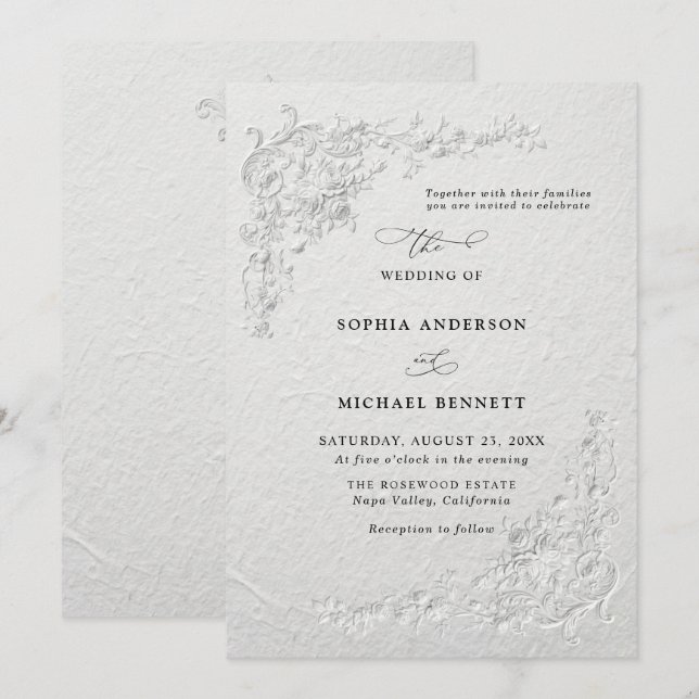 Invitación de boda floral con relieve falso (Anverso / Reverso)
