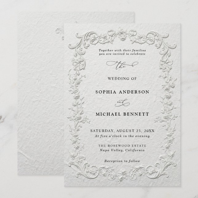 Invitación de boda floral con relieve falso (Anverso / Reverso)