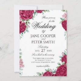 Invitación de boda floral con rosas rojas