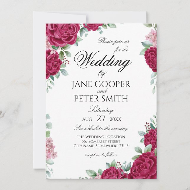 Invitación de boda floral con rosas rojas (Anverso)