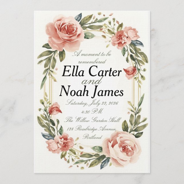 Invitación de boda floral con rubor romántico (Anverso)
