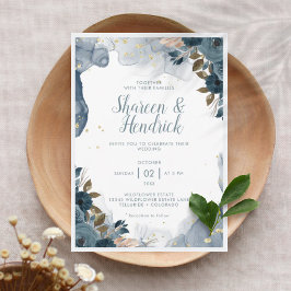 Invitación de boda floral con tinta de alcohol azu