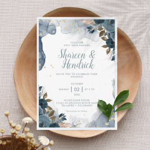 Invitación de boda floral con tinta de alcohol azu