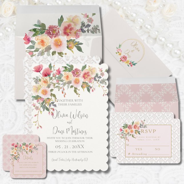 Invitación de Boda Floral con Tono Rosado de Champ (Subido por el creador)