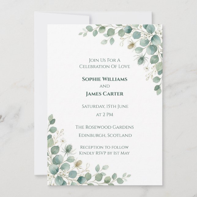 Invitación de boda floral con toque azul (Anverso)