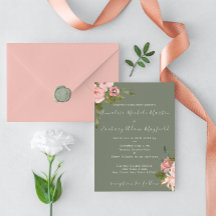 Invitación de boda floral con toque de verde salvi