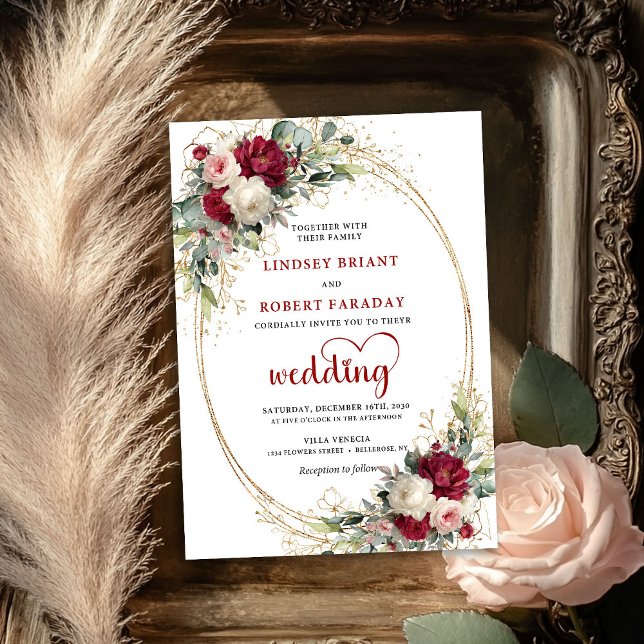Invitación de boda floral con toque romántico de b (Romantic Burgundy Blush Floral Wedding Invitation)