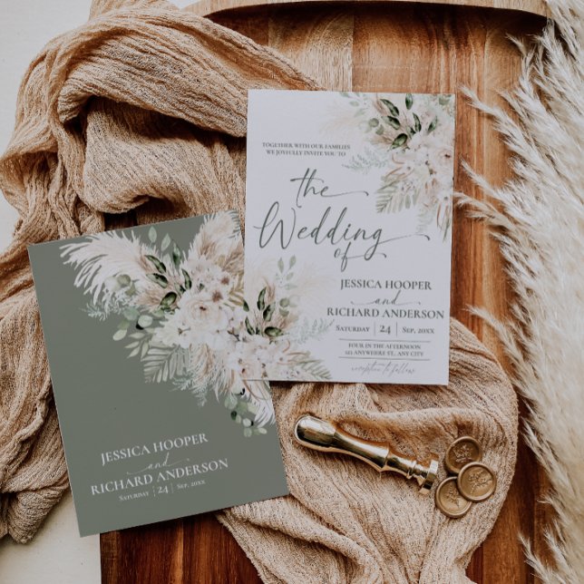Invitación de boda floral con vegetación de Pampas (Boho Pampas Greenery Floral Wedding Invitation Card)