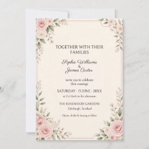 Invitación de boda floral con vegetación de rosa s