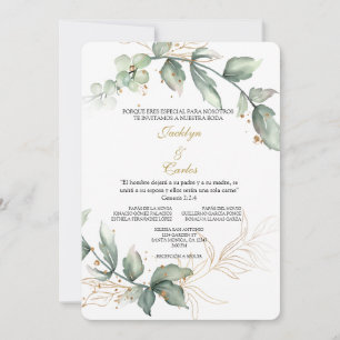 Invitación de boda floral con vegetación en españo