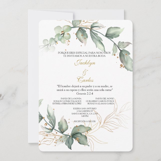 Invitación de boda floral con vegetación en españo (Anverso)
