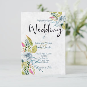 Invitación de boda floral de acuarela azul
