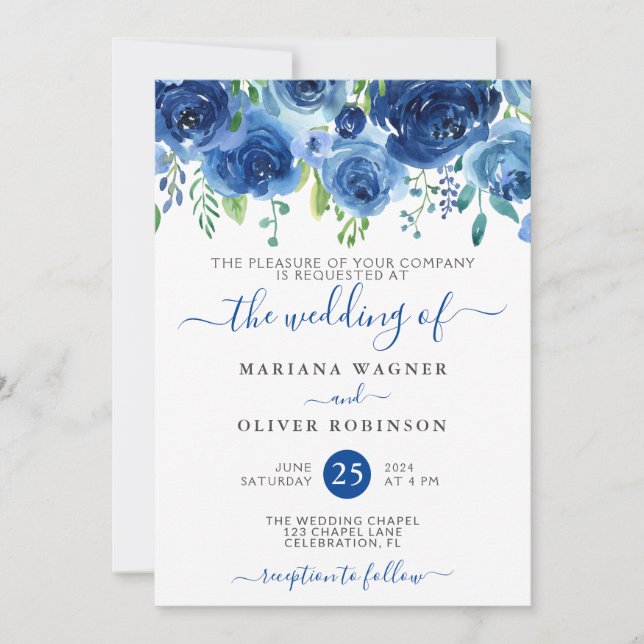 Invitación de boda floral de acuarela azul marino (Anverso)
