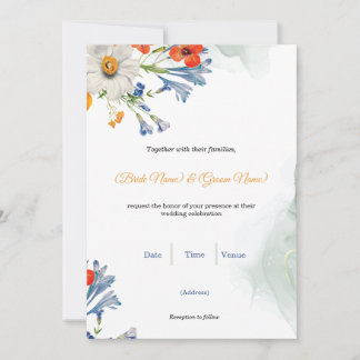 Invitación de boda floral de acuarela azul y naran