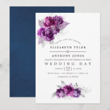 Invitación de boda floral de acuarela ciruela y az