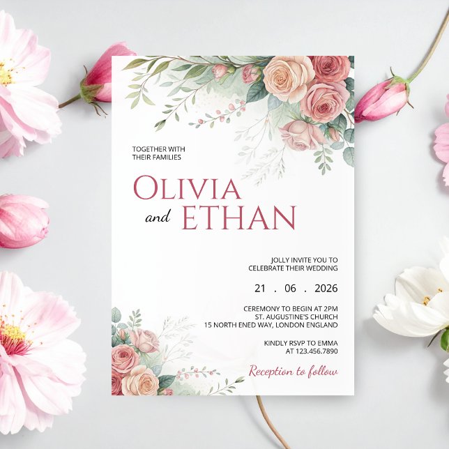 Invitación de boda floral de acuarela con rosa son (Subido por el creador)