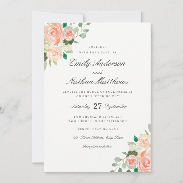 Invitación de boda floral de acuarela con rubor de (Anverso)