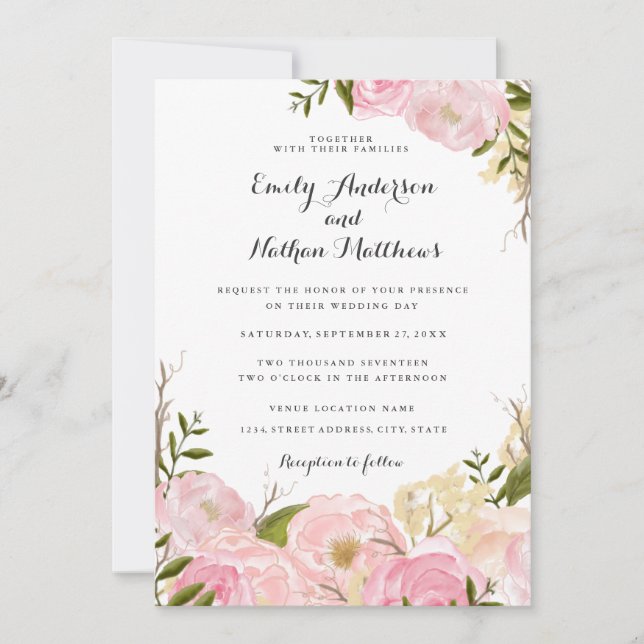 Invitación de boda floral de acuarela con rubor ro (Anverso)