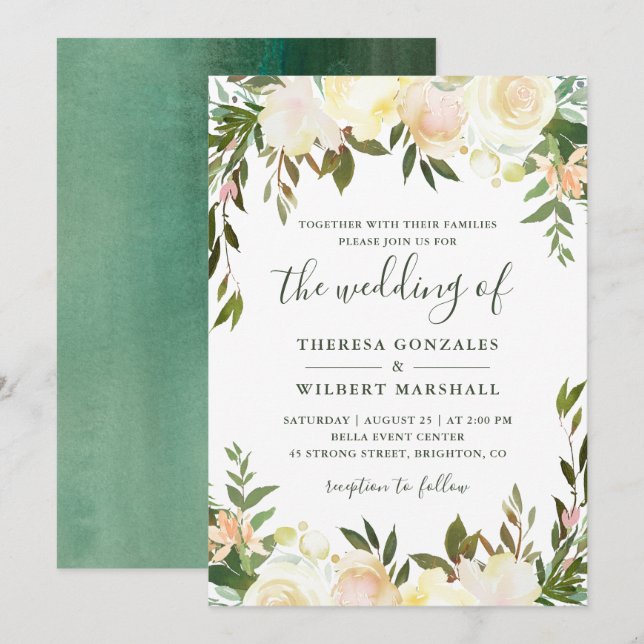Invitación de boda floral de acuarela de vegetació (Anverso / Reverso)