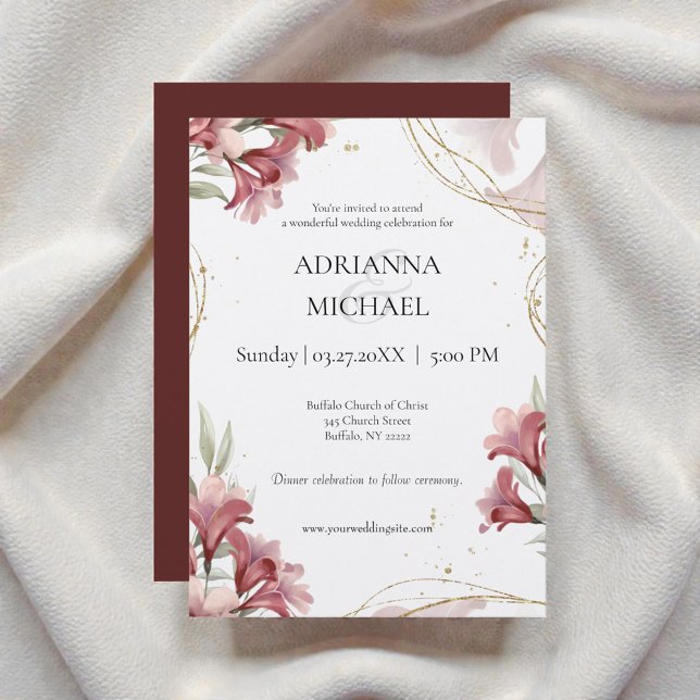 Invitación de boda floral de acuarela granate (Subido por el creador)