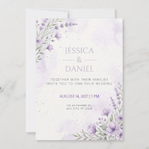Invitación de boda floral de acuarela lavanda