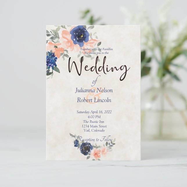 Invitación de boda floral de acuarela melocotón y  (Anverso de pie)