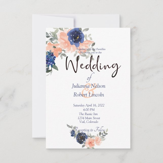 Invitación de boda floral de acuarela melocotón y  (Anverso)