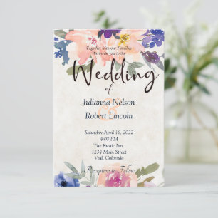 Invitación de boda floral de acuarela naranja y az
