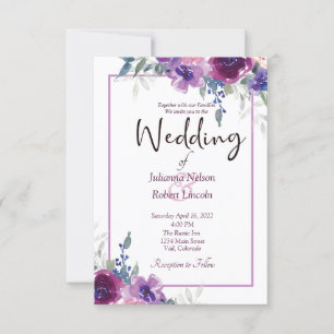 Invitación de boda floral de acuarela púrpura y ma