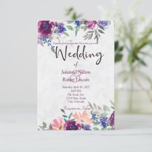 Invitación de boda floral de acuarela púrpura y na