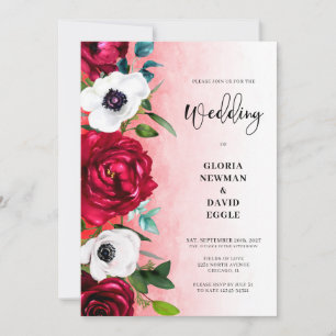 Invitación de boda floral de acuarela roja y blanc