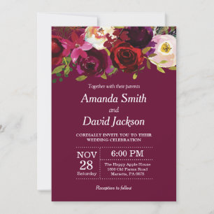 Invitación de boda floral de acuarela rojo burdeos