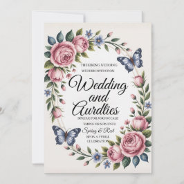 Invitación de boda floral de acuarela rosa y azul 
