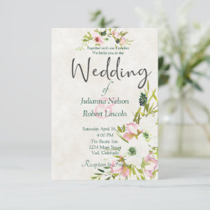 Invitación de boda floral de acuarela rosa y blanc