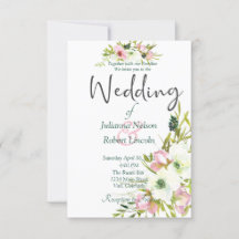 Invitación de boda floral de acuarela rosa y blanc