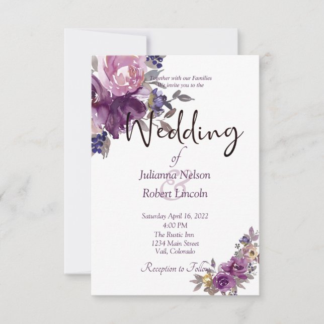 Invitación de boda floral de acuarela violeta (Anverso)