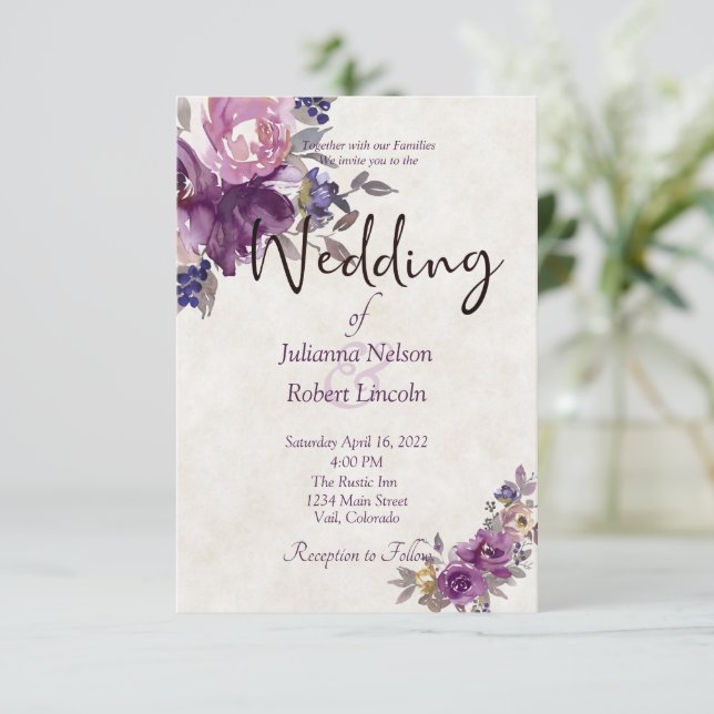 Invitación de boda floral de acuarela violeta (Anverso de pie)