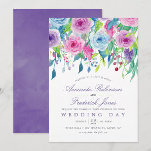 Invitación de boda floral de acuarela violeta ultr